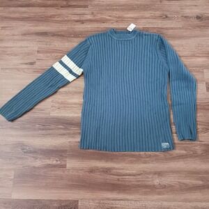 Y2K Fossil Mens XL Ribbed Knit Sweater Blue Gray Cotton Striped Sleeve Skater